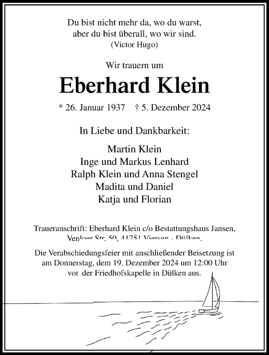 Traueranzeige von Eberhard Klein von trauer.extra-tipp-moenchengladbach.de