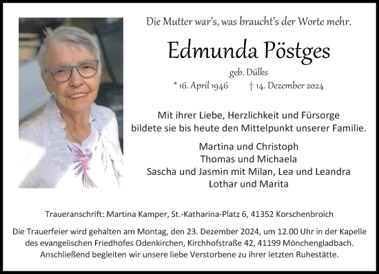 Traueranzeige von Edmunda Pöstges von trauer.extra-tipp-moenchengladbach.de