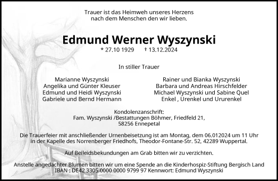 Traueranzeige von Edmund Werner Wyszynski von trauer.wuppertaler-rundschau.de