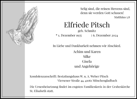 Traueranzeige von Elfriede Pitsch von trauer.extra-tipp-moenchengladbach.de