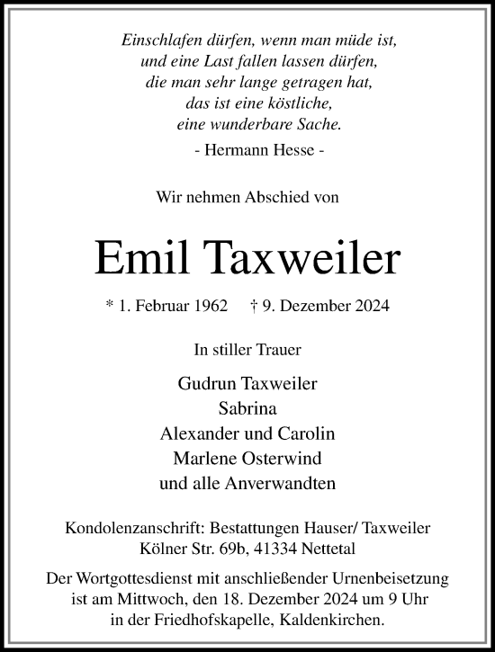 Traueranzeige von Emil Taxweiler von trauer.extra-tipp-moenchengladbach.de