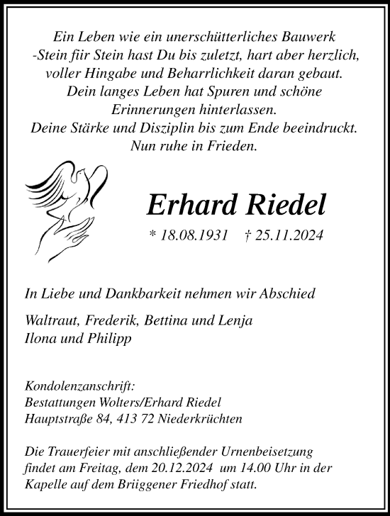 Traueranzeige von Erhard Riedel von trauer.extra-tipp-moenchengladbach.de