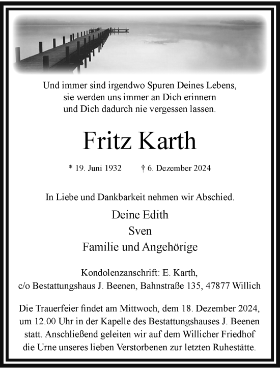 Traueranzeige von Fritz Karth von trauer.extra-tipp-moenchengladbach.de