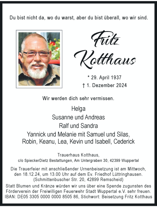 Traueranzeige von Fritz Kotthaus von trauer.wuppertaler-rundschau.de