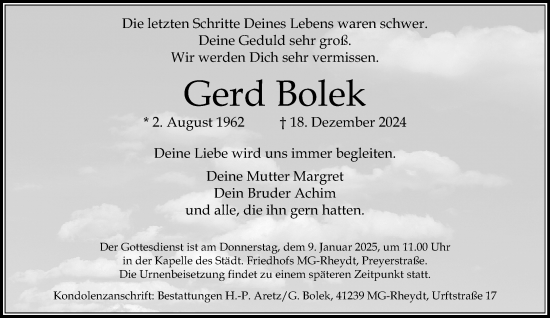 Traueranzeige von Gerd Bolek von trauer.extra-tipp-moenchengladbach.de