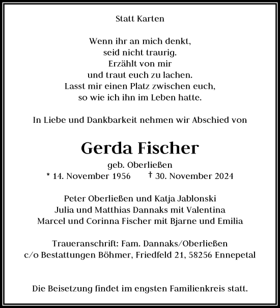 Traueranzeige von Gerda Fischer von trauer.wuppertaler-rundschau.de