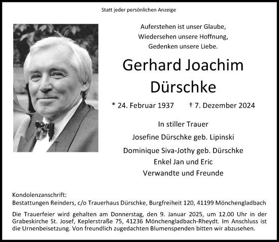 Traueranzeige von Gerhard Joachim Dürschke von trauer.stadt-kurier.de