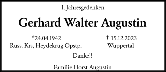 Traueranzeige von Gerhard Walter Augustin von trauer.wuppertaler-rundschau.de