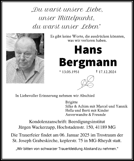 Traueranzeige von Hans Bergmann von trauer.extra-tipp-moenchengladbach.de