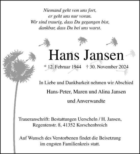 Traueranzeige von Hans Jansen von trauer.extra-tipp-moenchengladbach.de