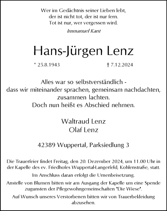 Traueranzeige von Hans-Jürgen Lenz von trauer.wuppertaler-rundschau.de