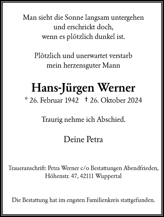 Traueranzeige von Hans-Jürgen Werner von trauer.wuppertaler-rundschau.de