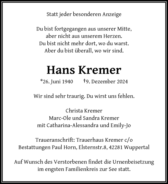 Traueranzeige von Hans Kremer von trauer.wuppertaler-rundschau.de