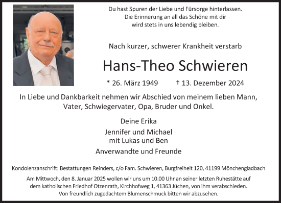 Traueranzeige von Hans-Theo Schwieren von trauer.stadt-kurier.de