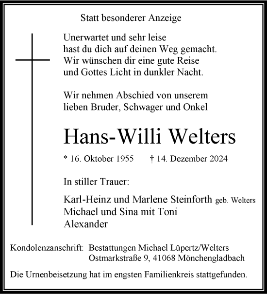 Traueranzeige von Hans-Willi Welters von trauer.extra-tipp-moenchengladbach.de