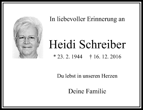 Traueranzeige von Heidi Schreiber von trauer.extra-tipp-moenchengladbach.de