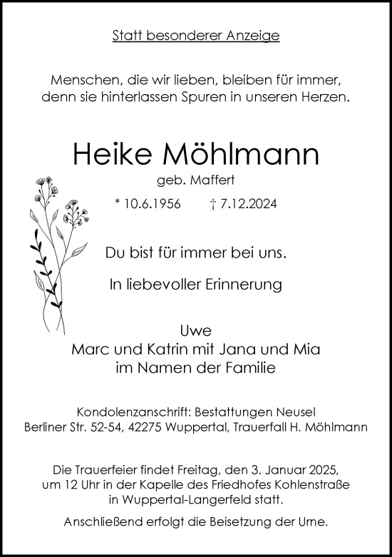 Traueranzeige von Heike Möhlmann von trauer.wuppertaler-rundschau.de