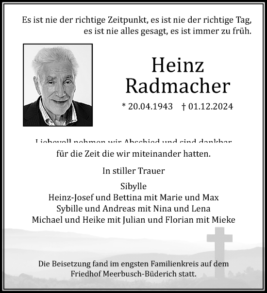 Traueranzeige von Heinz Radmacher von trauer.extra-tipp-moenchengladbach.de