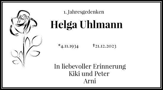 Traueranzeige von Helga Uhlmann von trauer.wuppertaler-rundschau.de