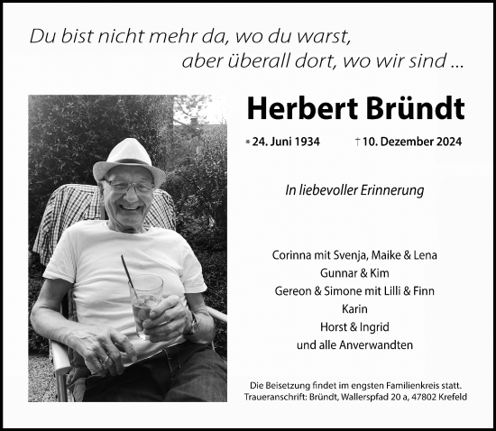 Traueranzeige von Herbert Bründt von trauer.extra-tipp-moenchengladbach.de