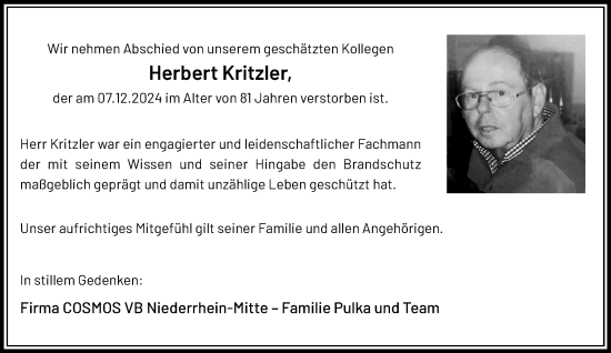 Traueranzeige von Herbert Kritzler von trauer.extra-tipp-moenchengladbach.de