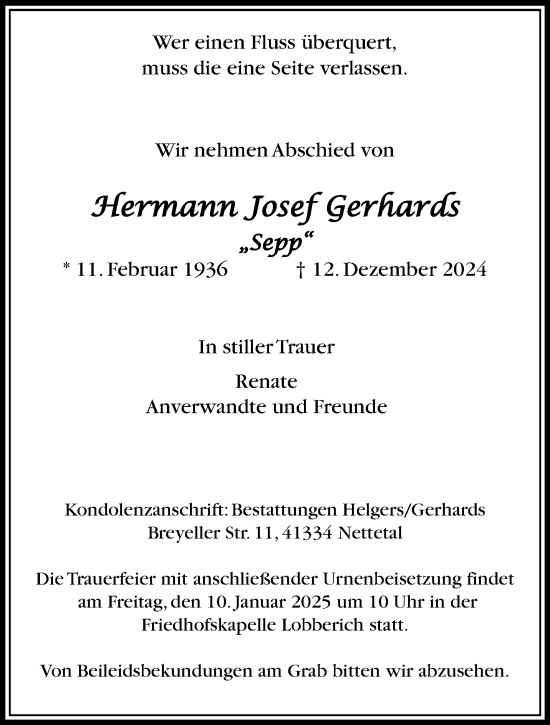 Traueranzeige von Hermann Josef Gerhards von trauer.extra-tipp-moenchengladbach.de