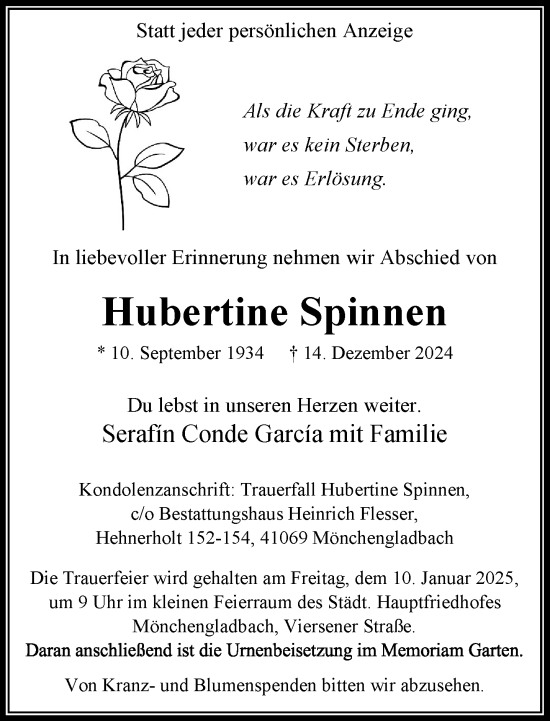 Traueranzeige von Hubertine Spinnen von trauer.extra-tipp-moenchengladbach.de