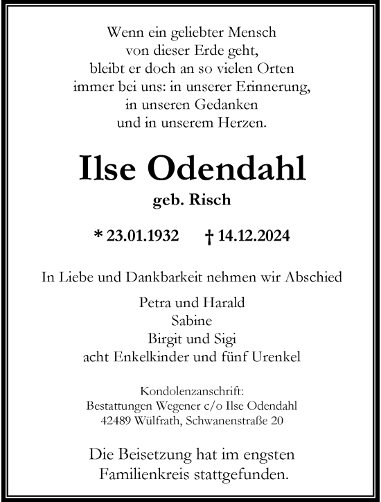 Traueranzeige von Ilse Odendahl von trauer.wuppertaler-rundschau.de