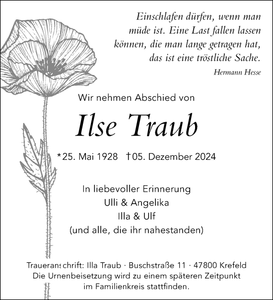 Traueranzeige von Ilse Traub von trauer.extra-tipp-moenchengladbach.de