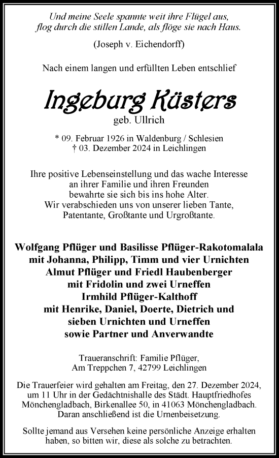 Traueranzeige von Ingeburg Küsters von trauer.extra-tipp-moenchengladbach.de