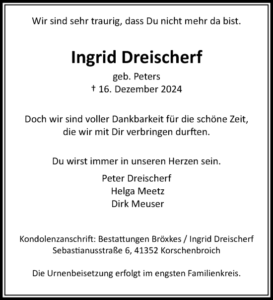 Traueranzeige von Ingrid Dreischerf von trauer.extra-tipp-moenchengladbach.de