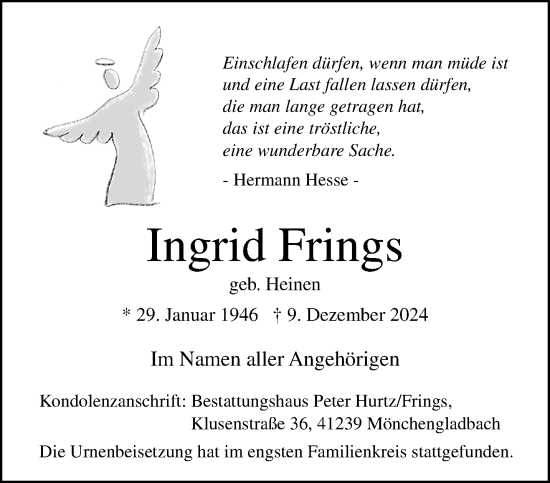 Traueranzeige von Ingrid Frings von trauer.extra-tipp-moenchengladbach.de