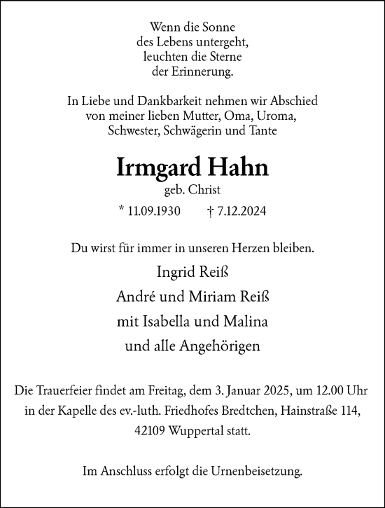 Traueranzeige von Irmgard Hahn von trauer.wuppertaler-rundschau.de