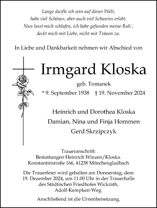 Traueranzeige von Irmgard Kloska von trauer.extra-tipp-moenchengladbach.de