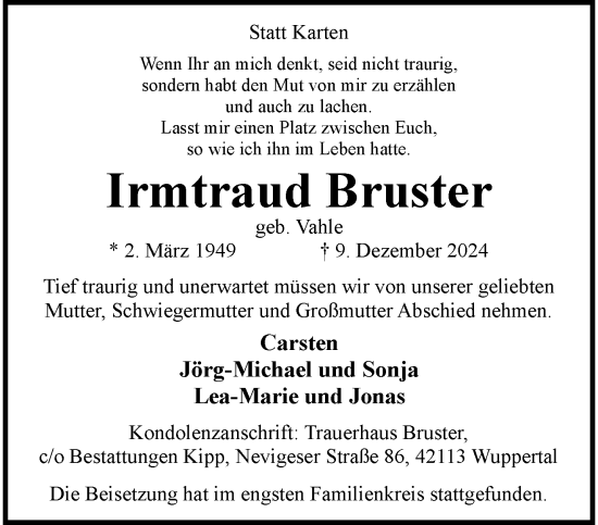 Traueranzeige von Irmtraud Bruster von trauer.wuppertaler-rundschau.de