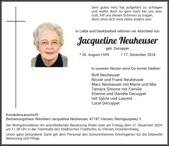 Traueranzeige von Jacqueline Neuheuser von trauer.extra-tipp-moenchengladbach.de