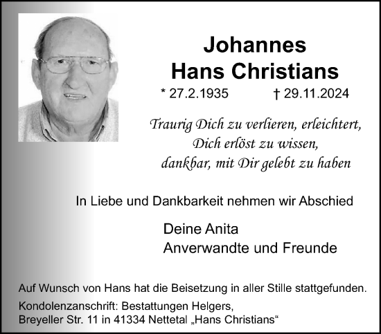 Traueranzeige von Johannes Hans Christians von trauer.extra-tipp-moenchengladbach.de