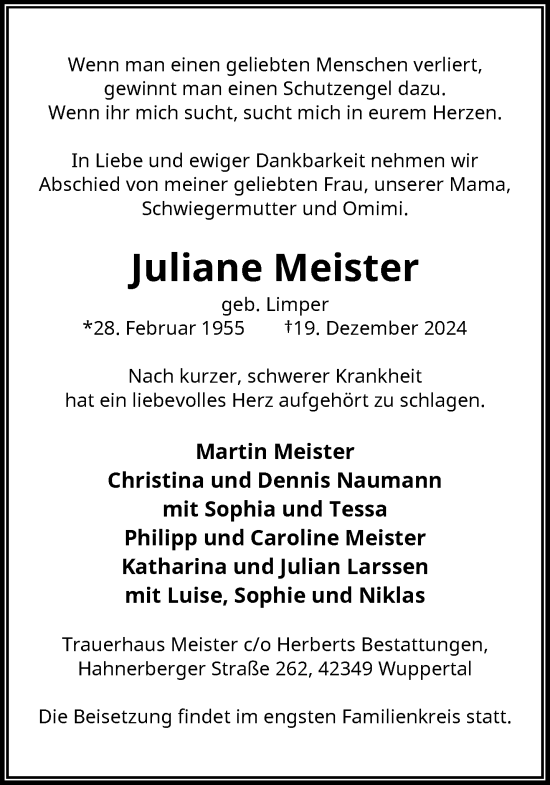 Traueranzeige von Juliane Meister von trauer.wuppertaler-rundschau.de