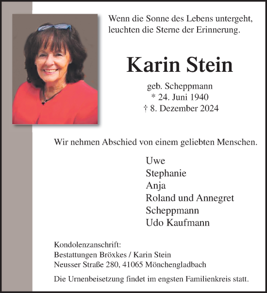 Traueranzeige von Karin Stein von trauer.extra-tipp-moenchengladbach.de