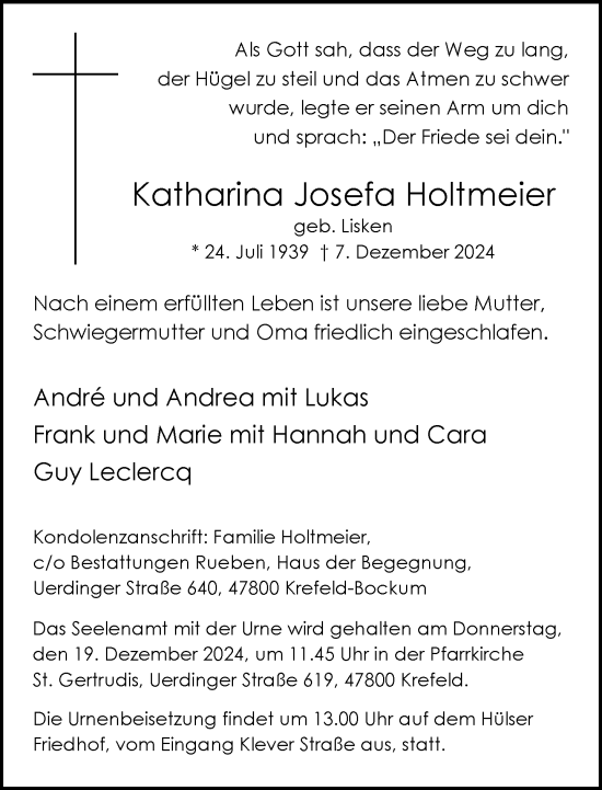 Traueranzeige von Katharina Josefa Holtmeier von trauer.extra-tipp-moenchengladbach.de