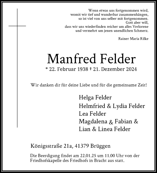 Traueranzeige von Manfred Felder von trauer.extra-tipp-moenchengladbach.de