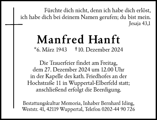 Traueranzeige von Manfred Hanft von trauer.wuppertaler-rundschau.de