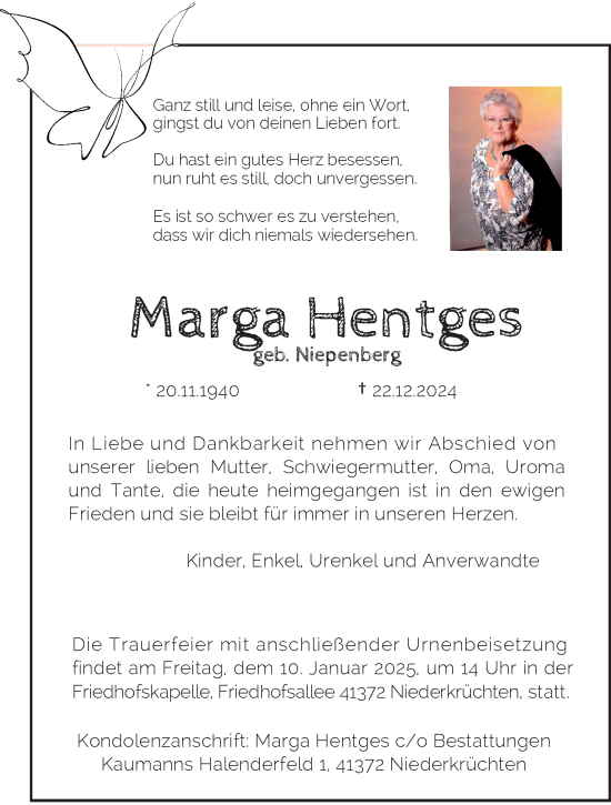 Traueranzeige von Marga Hentges von trauer.extra-tipp-moenchengladbach.de