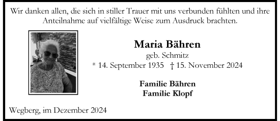 Traueranzeige von Maria Bähren von trauer.extra-tipp-moenchengladbach.de