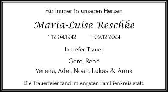 Traueranzeige von Maria-Luise Reschke von trauer.extra-tipp-moenchengladbach.de