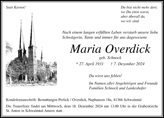 Traueranzeige von Maria Overdick von trauer.extra-tipp-moenchengladbach.de