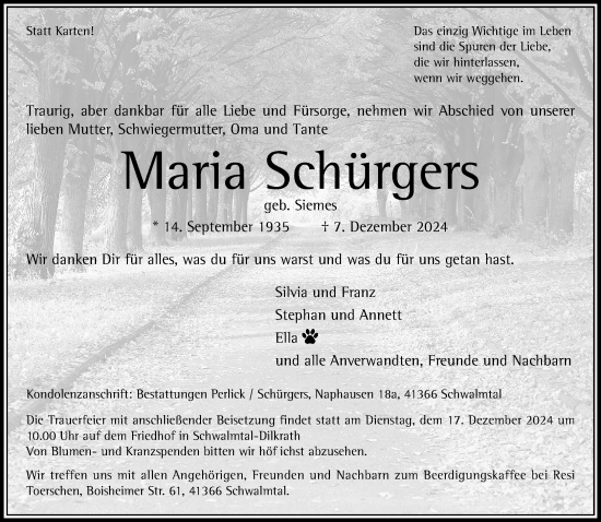 Traueranzeige von Maria Schürgers von trauer.extra-tipp-moenchengladbach.de