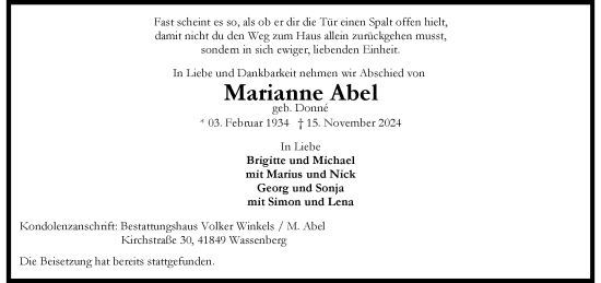 Traueranzeige von Marianne Abel von trauer.extra-tipp-moenchengladbach.de