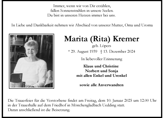 Traueranzeige von Marita Kremer von trauer.extra-tipp-moenchengladbach.de