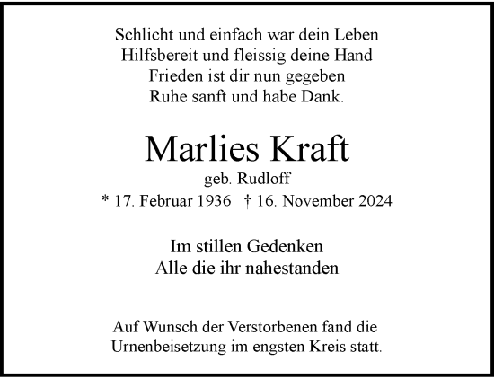 Traueranzeige von Marlies Kraft von trauer.wuppertaler-rundschau.de